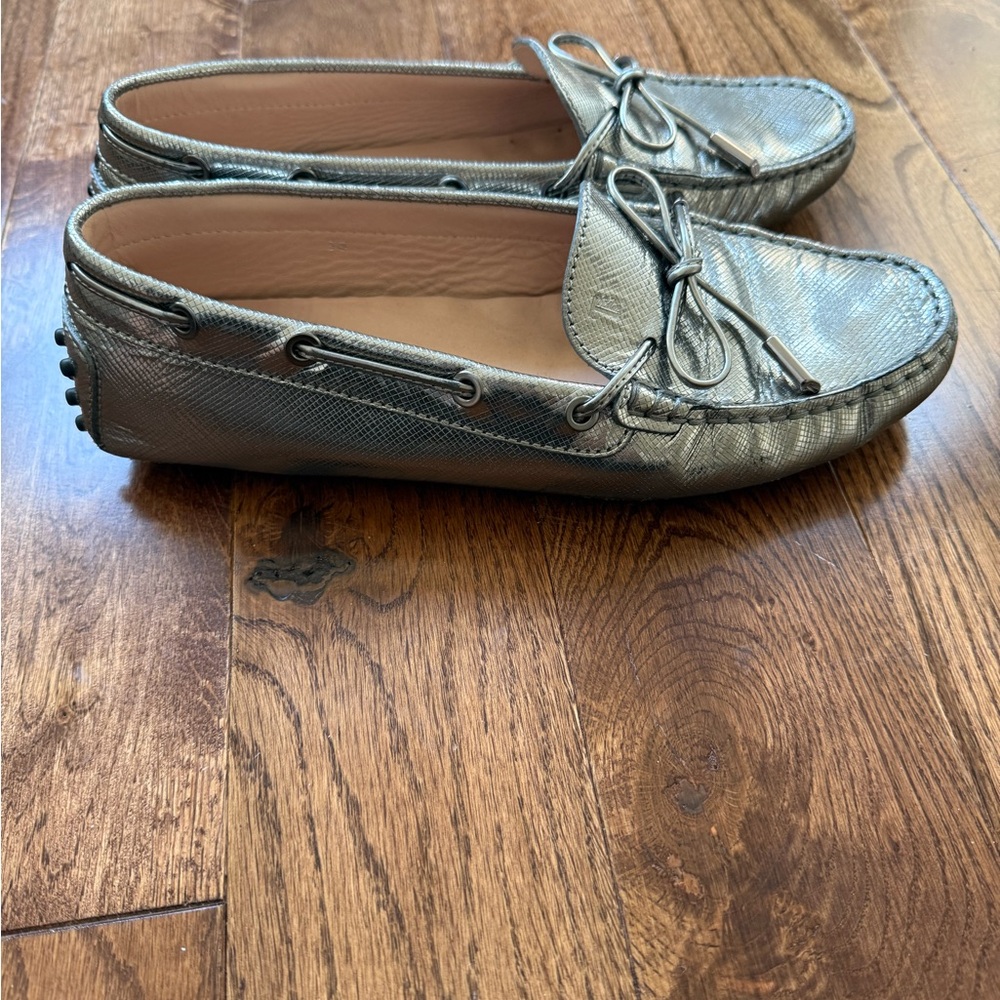 Tods Metallic Loafers with Bow Detail